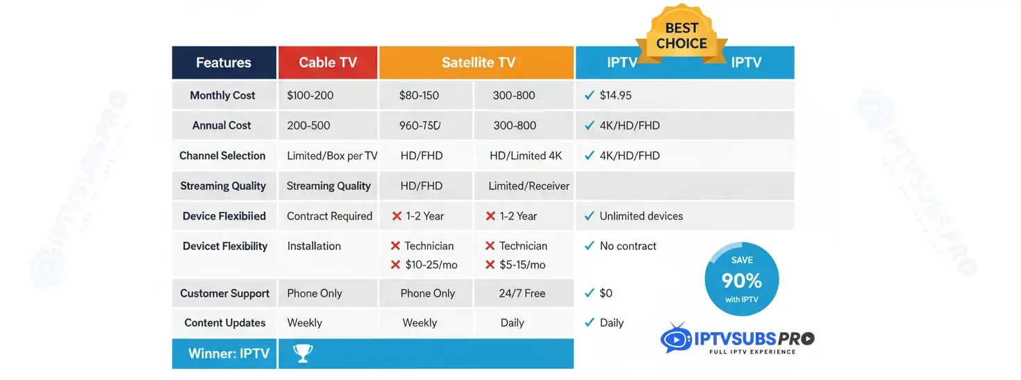 Comparison chart showing IPTV vs Cable vs Satellite TV plans and pricing