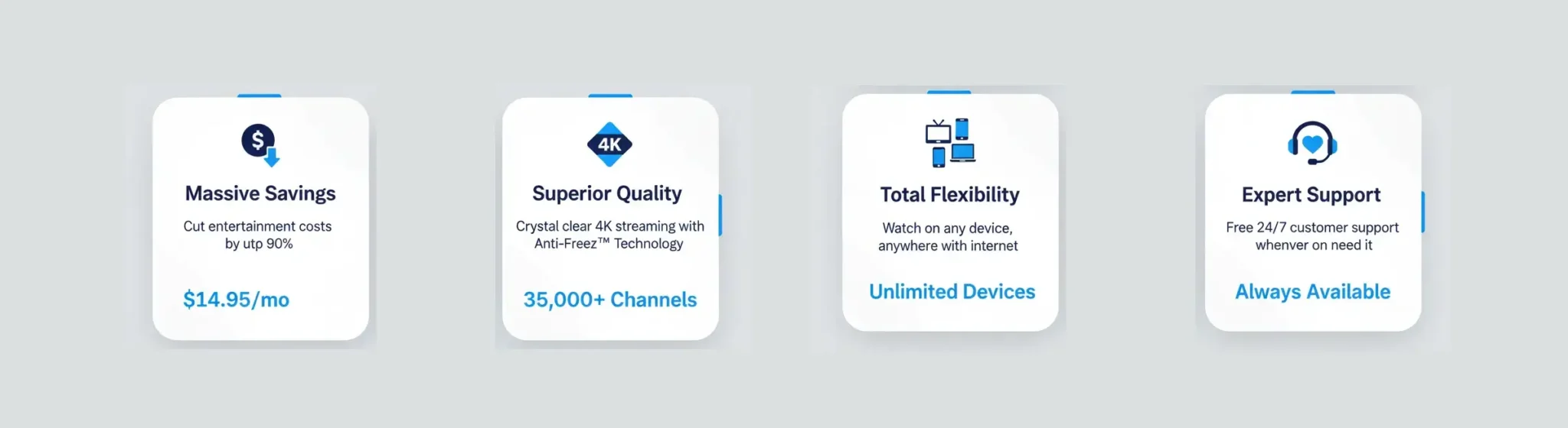 IPTV benefits icons showing cost savings, 4K streaming quality, multi-device flexibility desktop