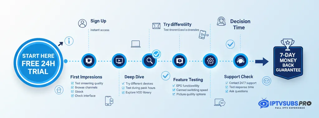 IPTV free trial offer with testing checklist - 24-hour free trial available from IPTV Subs Pro with full feature access
