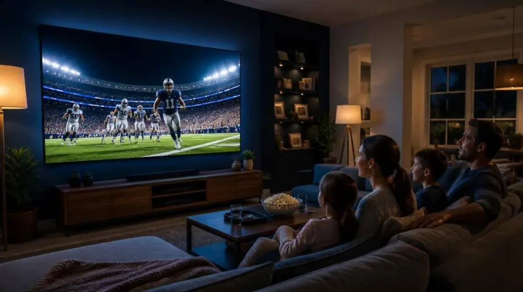 American family watching IPTV in USA on a 4K Smart TV in their living room in 2026