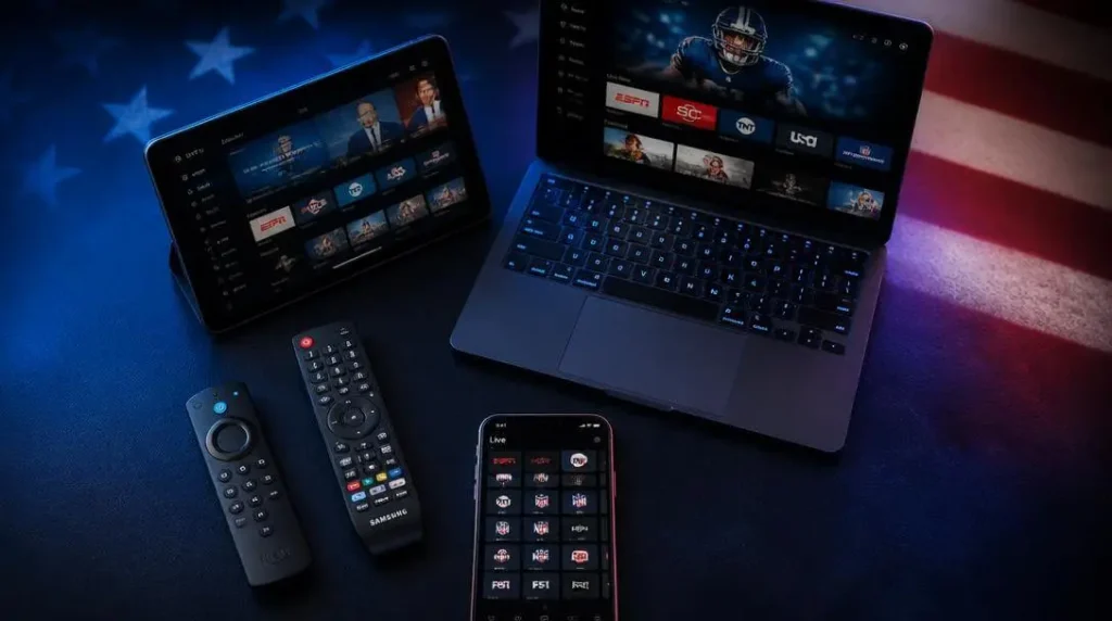 IPTV in USA compatible devices, Firestick, Smart TV, iPhone, laptop and tablet streaming simultaneously in 2026
